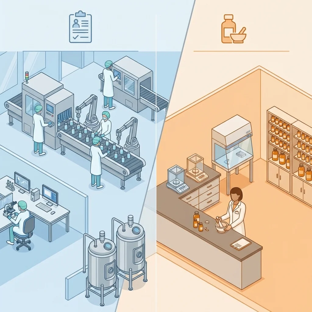 Split comparison showing FDA-regulated pharmaceutical manufacturing versus unregulated compounding pharmacy operations