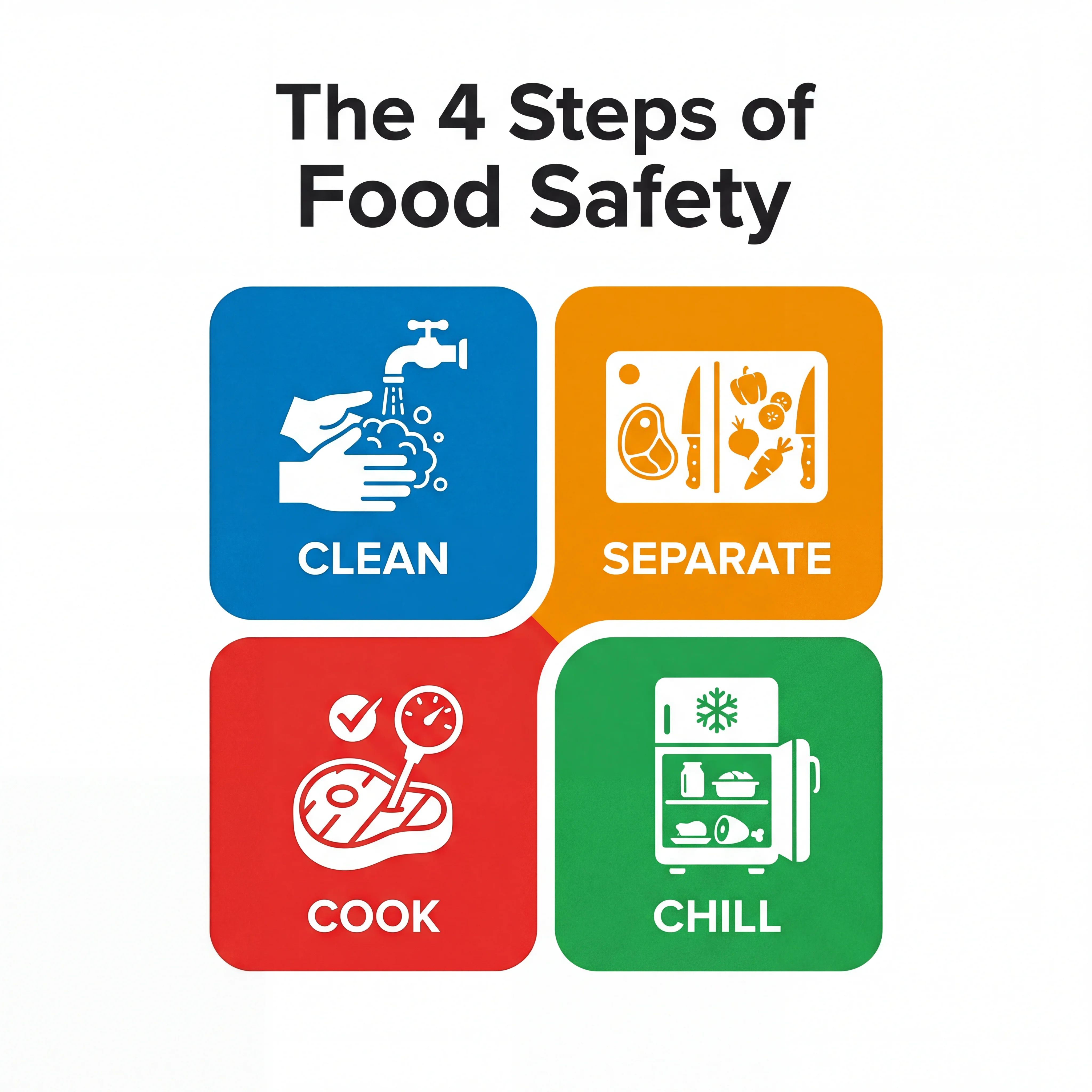 Infographic showing the four steps of food safety: clean, separate, cook, and chill with simple icons