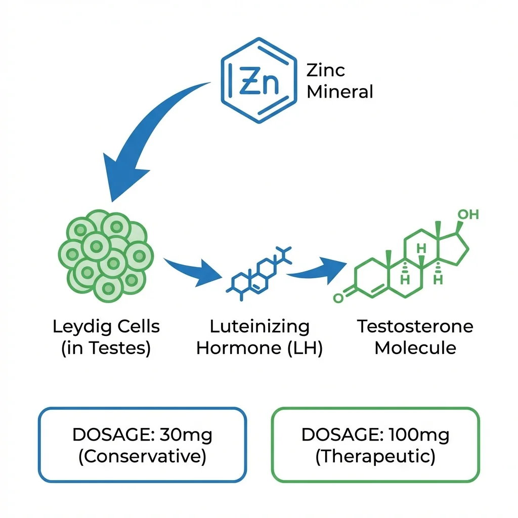 Infographic showing how zinc supports testosterone production through Leydig cell function and LH signaling