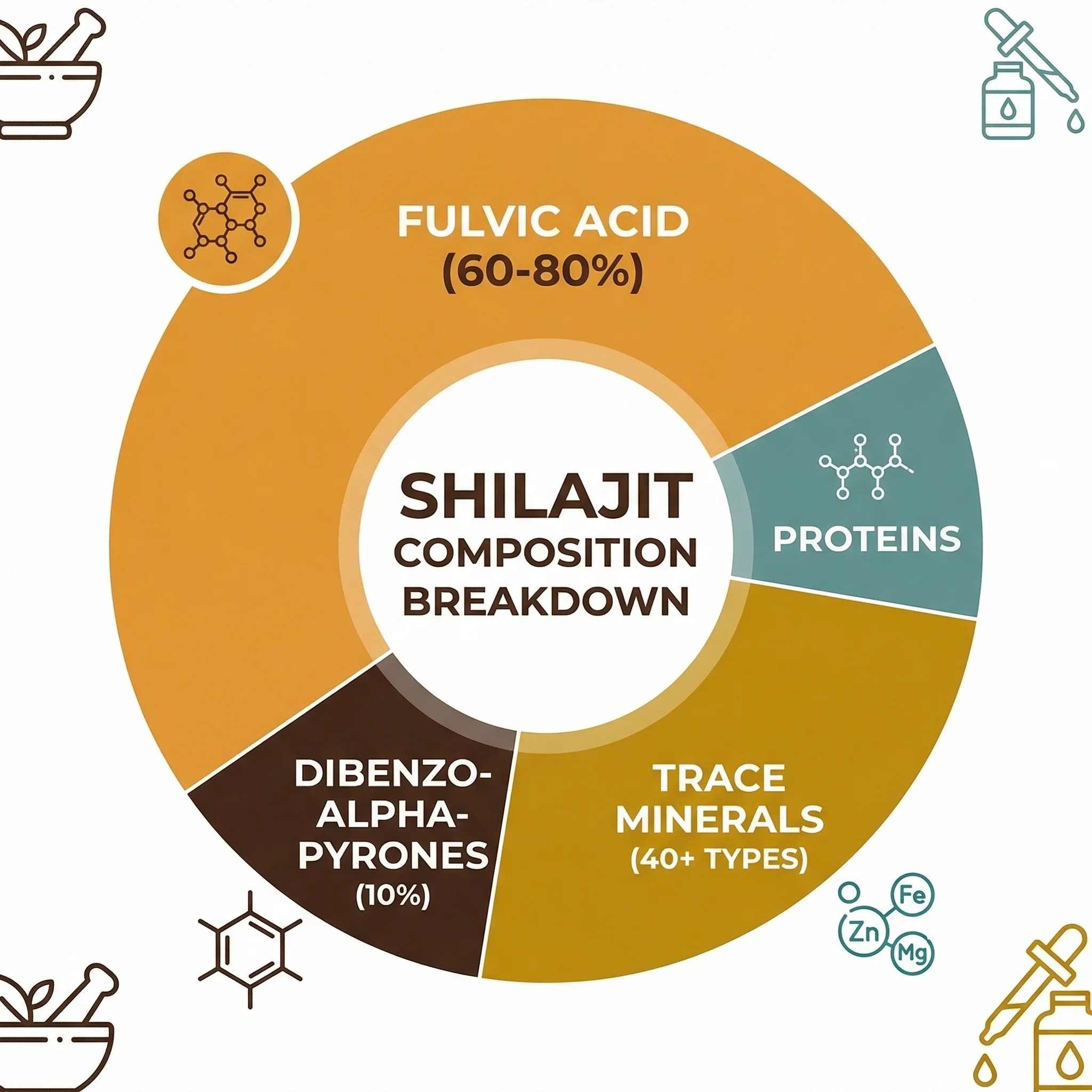 Infographic showing shilajit composition breakdown including fulvic acid, minerals, and dibenzo-alpha-pyrones