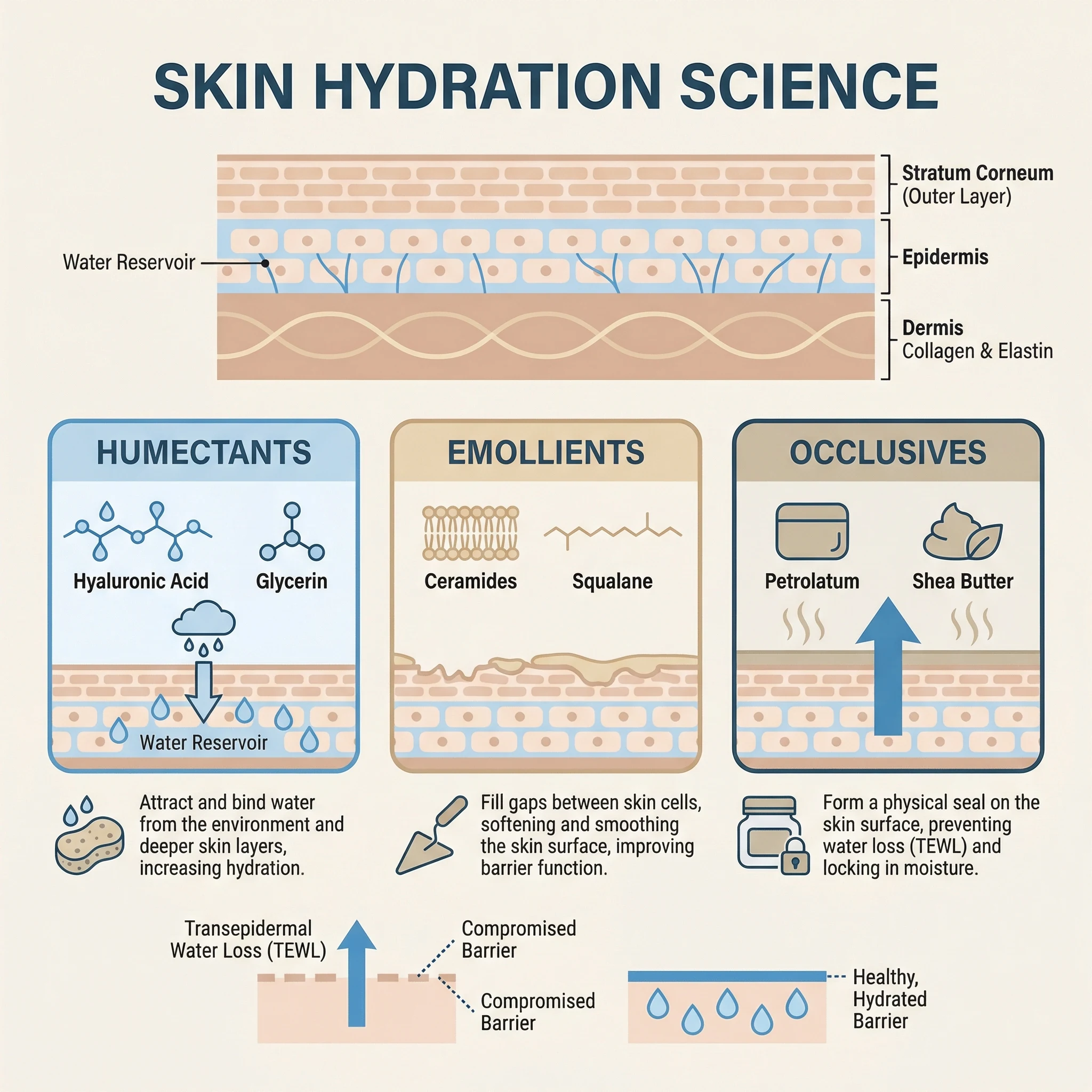 Infographic comparing humectants, emollients, and occlusives in skin hydration