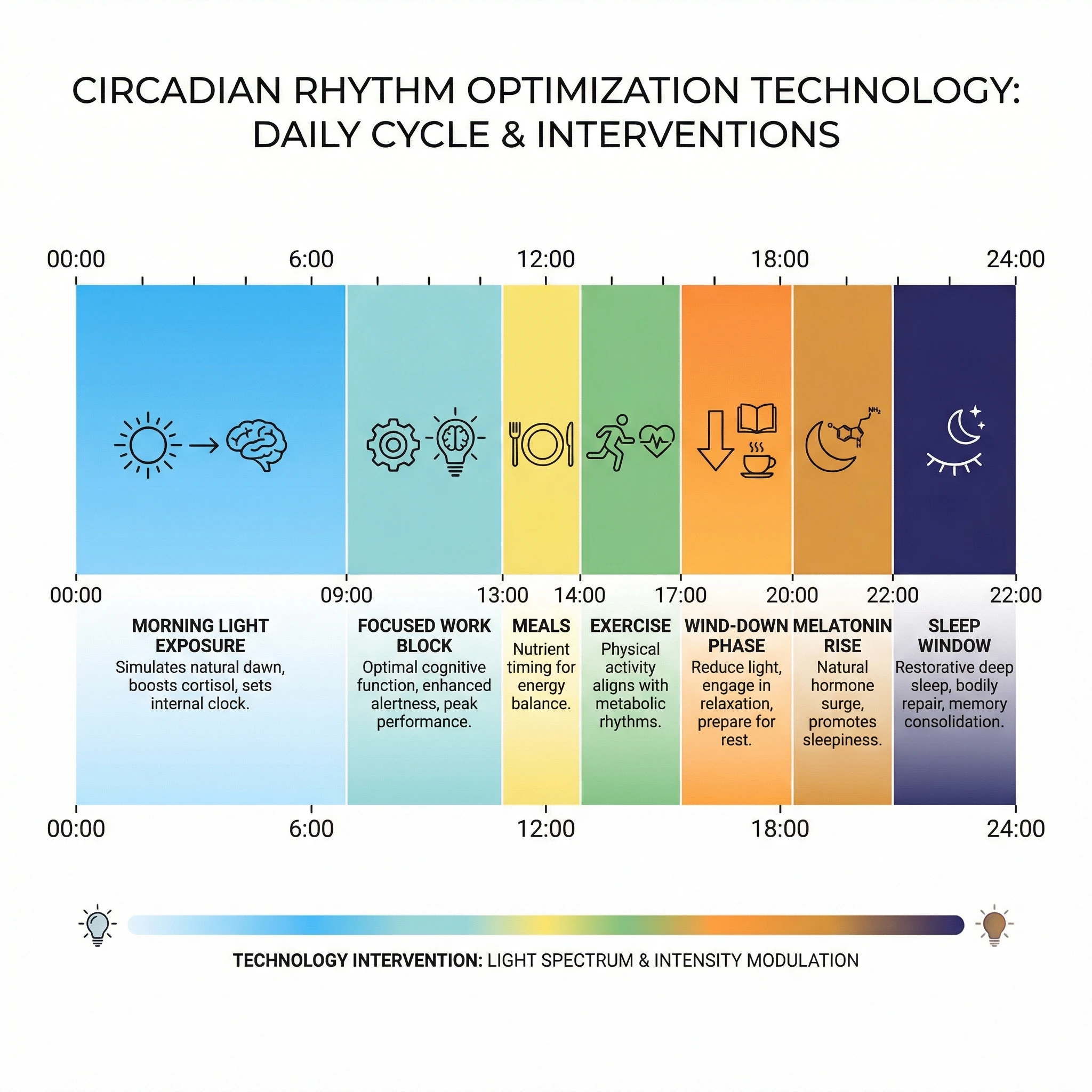 Infographic showing a 24-hour circadian optimization timeline with light, meals, exercise, wind-down, and sleep windows