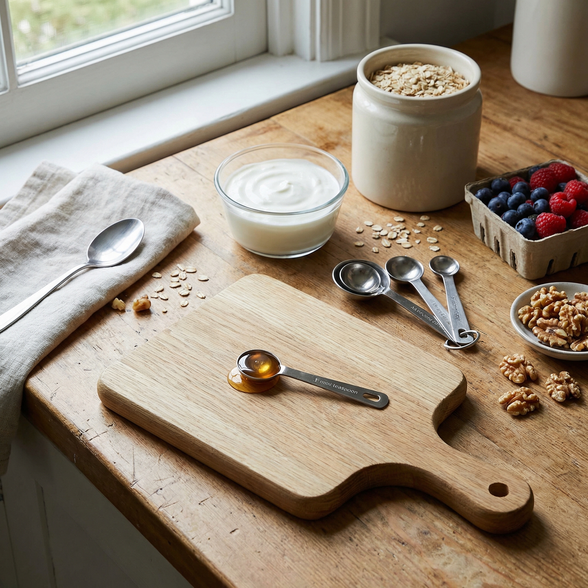 Teaspoon of honey beside measuring spoons, yogurt, oats, berries, and nuts to show portion-aware meal planning.