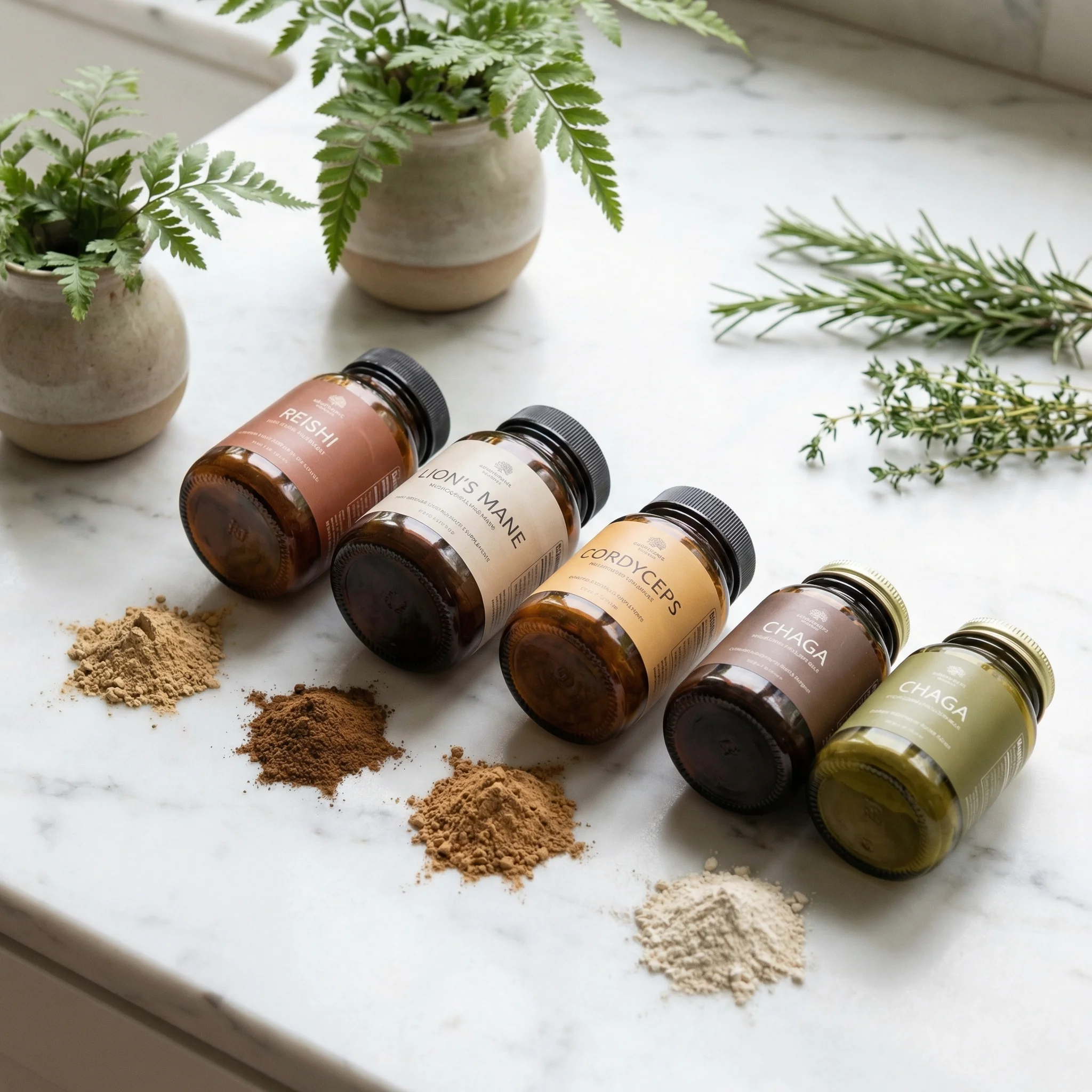 Variety of adaptogenic mushroom supplements in capsule and powder form arranged on a clean white background