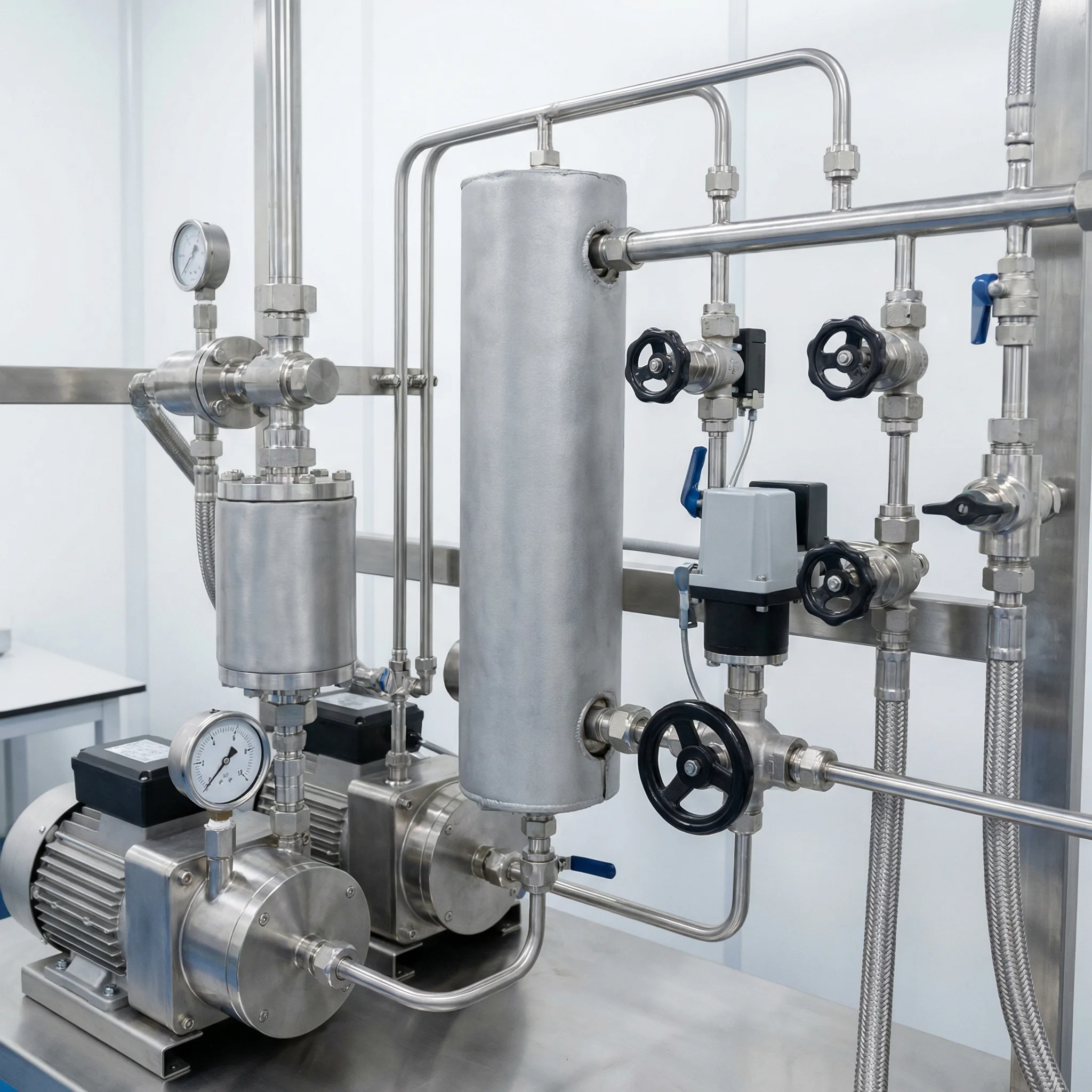 Closed-loop supercritical CO2 extraction equipment with separator vessels, valves, and pressure gauges in a clean room.