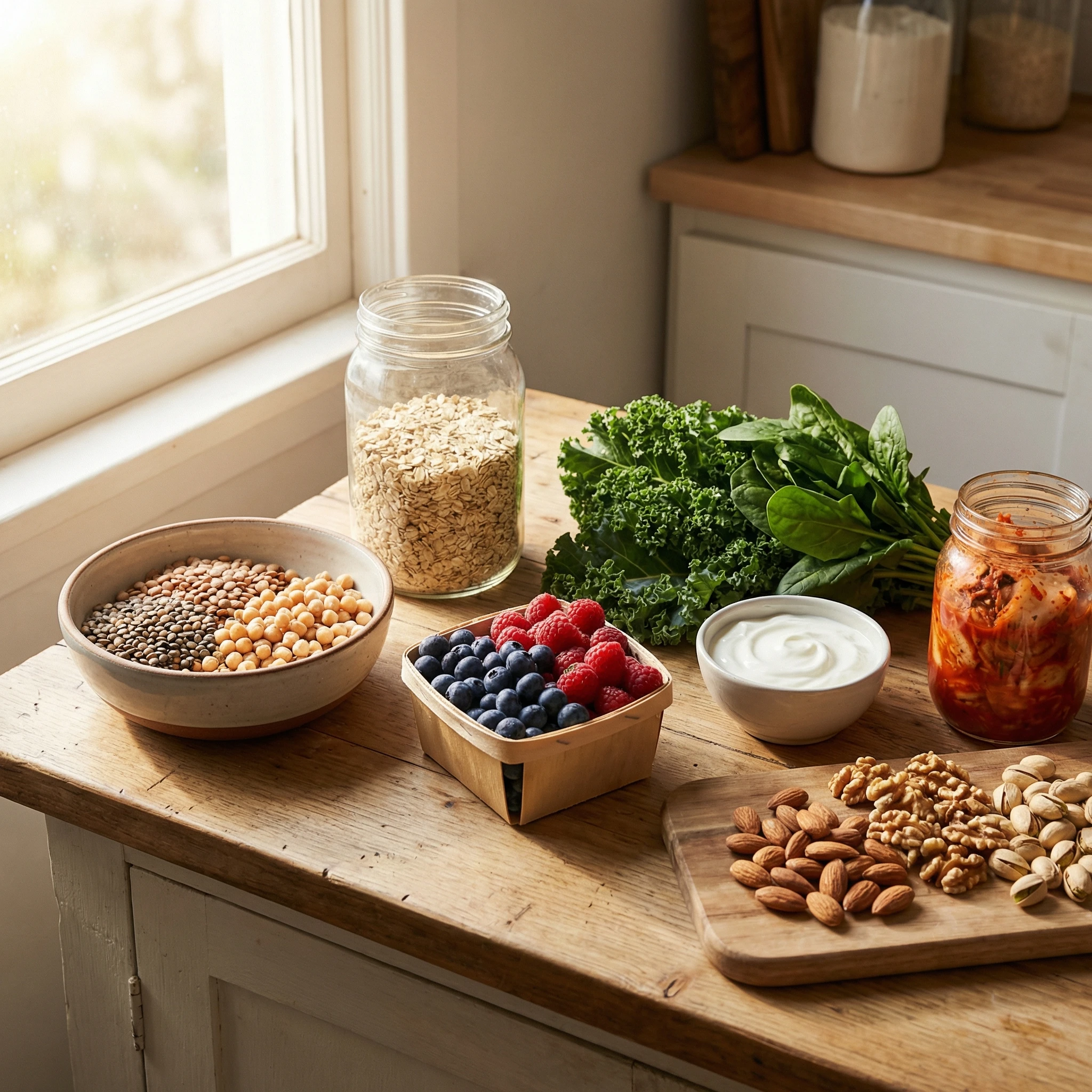 Diverse high-fiber foods including legumes, oats, berries, leafy greens, yogurt, kimchi, and nuts arranged for a gut-supportive meal plan.