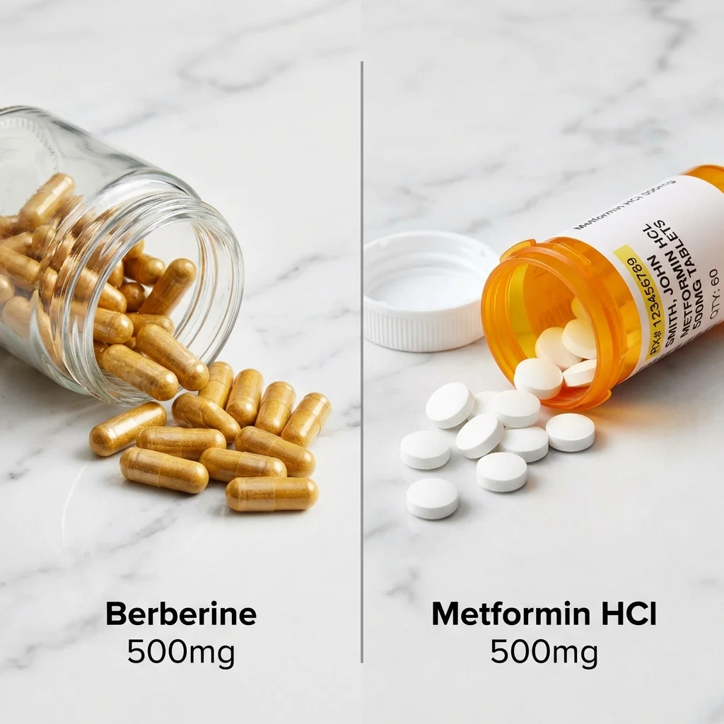 Side-by-side comparison showing berberine root extract and metformin tablets on a clinical white background