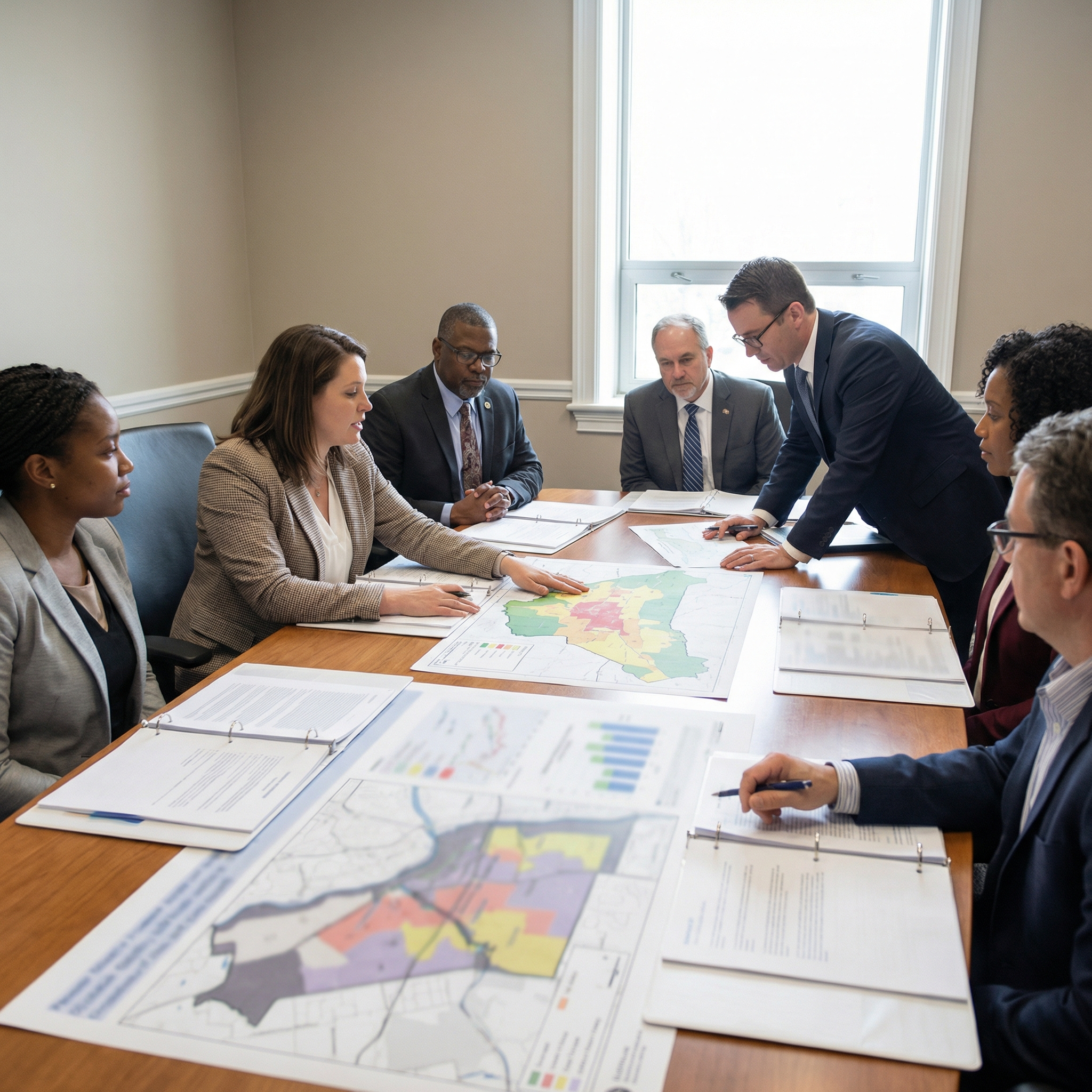 Policy meeting with adults reviewing state cannabis regulations and maps.