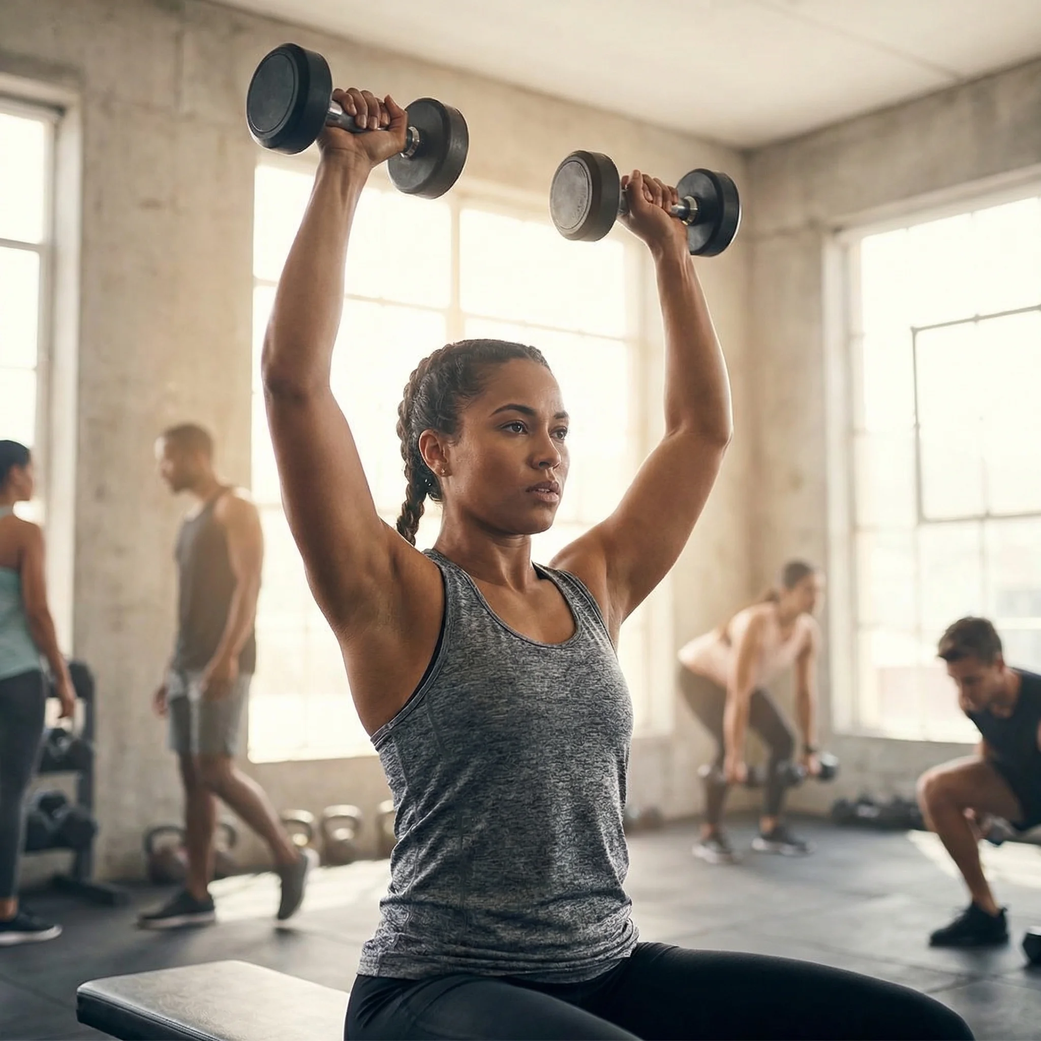 Athletic person performing strength training exercise with dumbbells in a gym