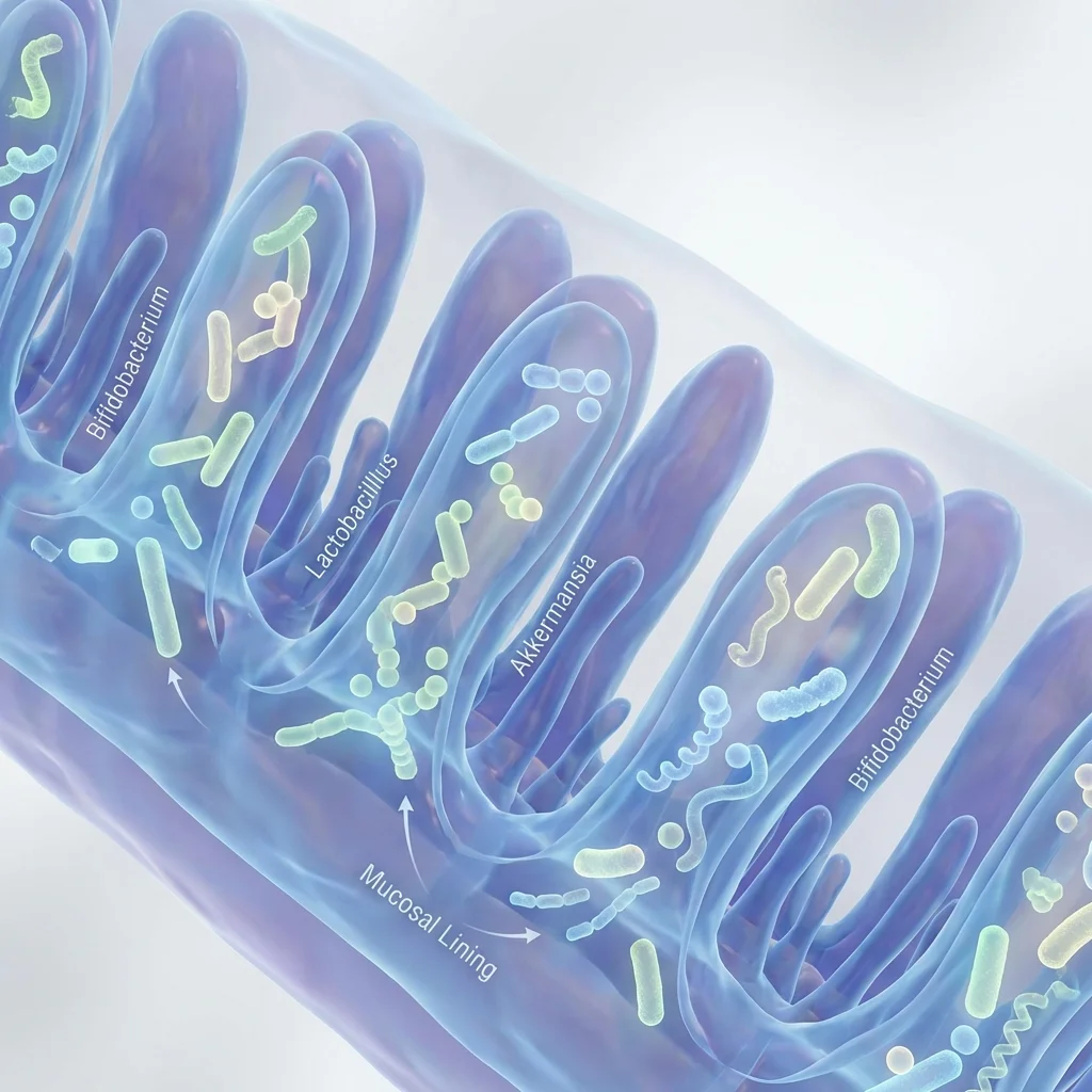 Scientific illustration of diverse gut bacteria in the human intestine, colorful microscopic view