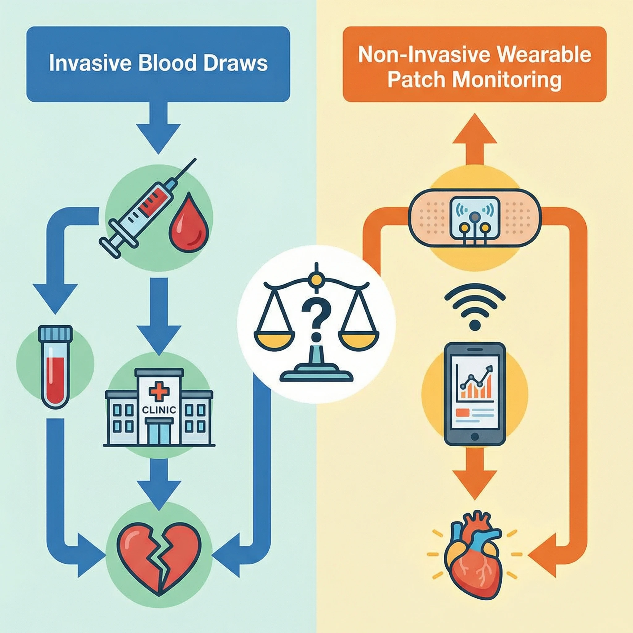Infographic-style comparison between invasive lab draws and non-invasive wearable patch monitoring
