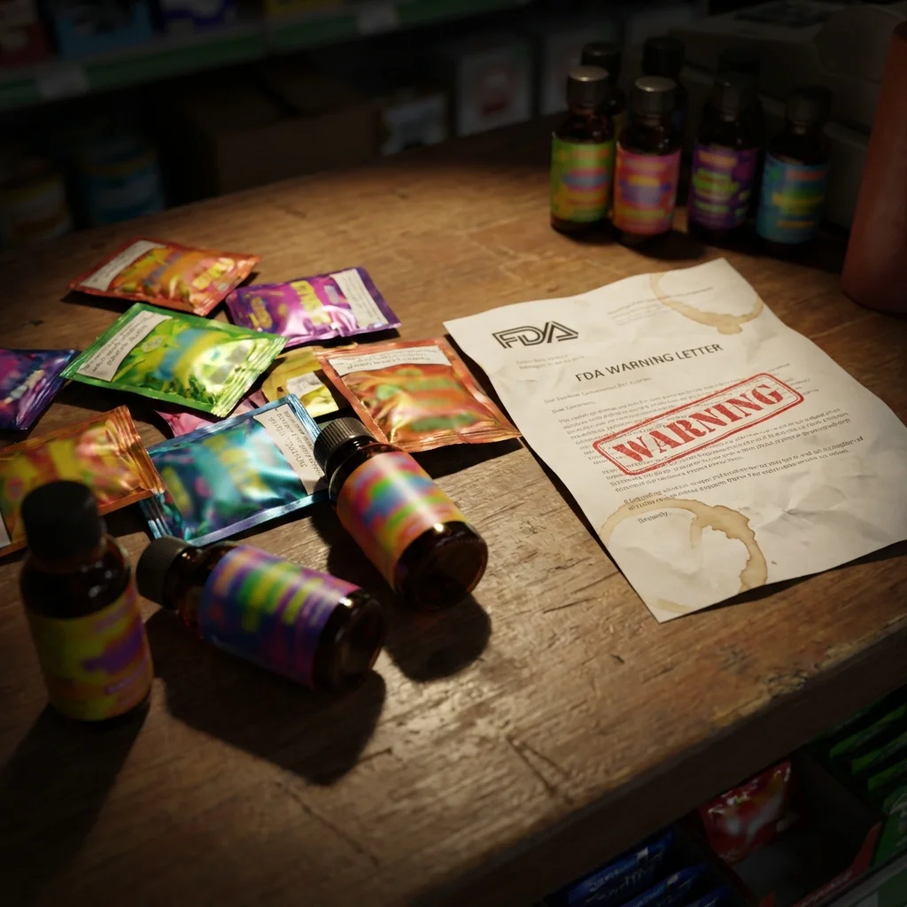 Brightly colored gas station supplement packets next to FDA warning documents on a clinical laboratory table