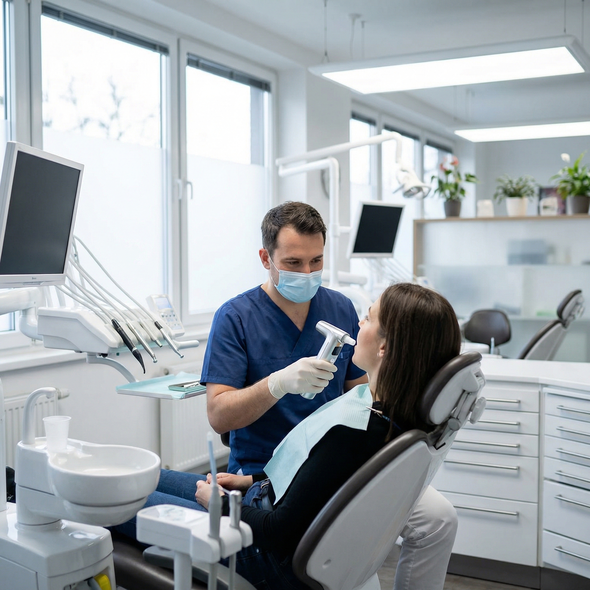 Clinician using a handheld breath analyzer in a dental clinic to assess halitosis objectively