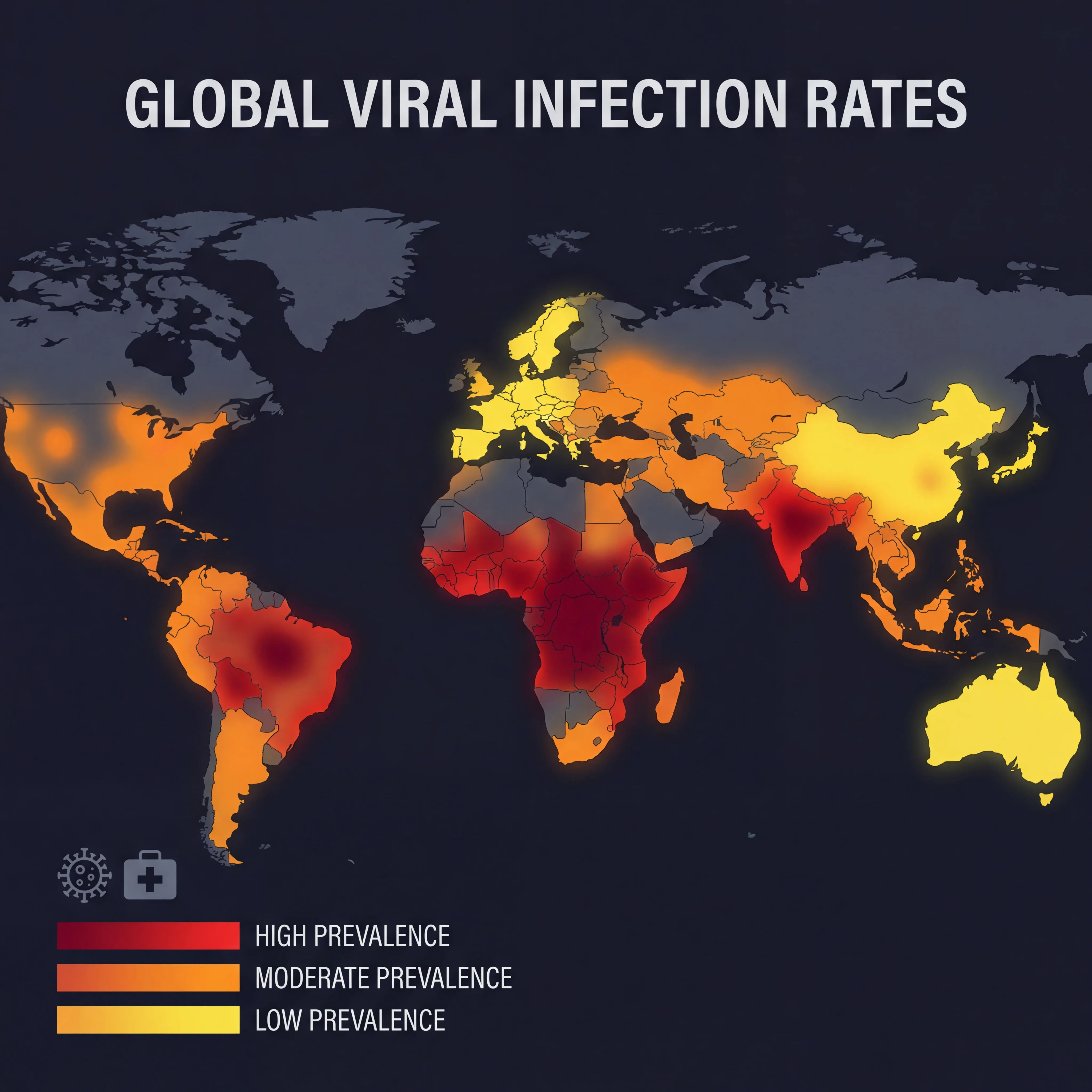 World map highlighting global distribution patterns of Epstein-Barr virus infection rates across continents